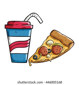 Soda cup with pizza slice in doodle style