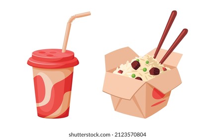 Soda in Cup with Straw and Carton Box with Rice and Chopsticks as Fast Food Vector Set