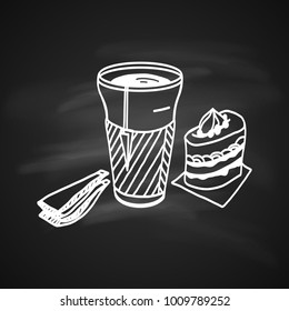 Soda Cup with Tea or Coffee, and Cakes. Hand Drawn Icon on Black Background