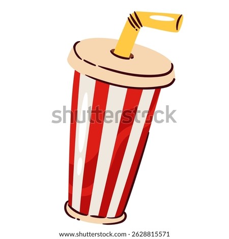 Soda cup with yellow straw, red and white striped pattern, disposable paper material. Refreshing cold drink for fast food, snack bar, or takeaway menu. Cartoon doodle vector illustration.