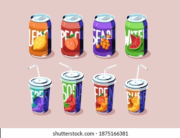 Soda cups and cans set, cold drinks of various flavors lemon, peach, watermelon and sea buckthorn or blueberry. Closed metal or plastic bottles with straws, fizzy fresh beverages, Cartoon illustration