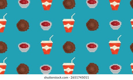 Xícaras de refrigerante, almôndegas e molhos de imersão desenhados em estilo pixel em um fundo de grade azul para visuais retrô divertidos de alimentos e bebidas.