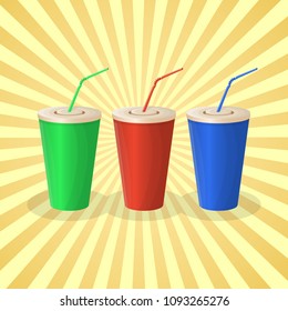 Soda cups in red, green and blue color on yellow background. The set of beverage. Graphic design elements for menu, poster, brochure. Vector illustration of fast food for snackbar, cafe or restaurant