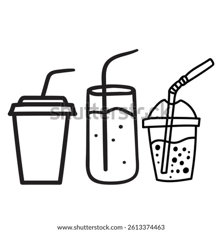 Soda in different cups. Outline icons. Black color. Hand drawn illustrations on white background.