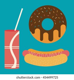 soda, donut and hot dog illustration over blue color backdrop