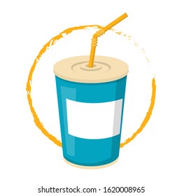 Soda drink in a blue plastic cup with a yellow straw vector isolated. Delicious beverage in container. Carbonated water advertisement symbol.