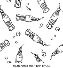 Soda Drink Bottle Black And White Seamless Pattern. Variety Of Packaging Using Hand Drawn Or Doodle Art