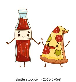 Soda drink bottle and pizza characters having fun together. Perfect couple, friends forever cartoon vector illustration