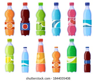 Soda drink bottles. Soft drinks in plastic bottle, sparkling soda and juice drink. Fizzy beverages isolated vector illustration icons set. Beverage drink bottle, water soda juice collection - Shutterstock ID 1844035408