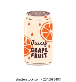 Soda drink in can. Fizzy carbonated fruit lemonade, cold summer juicy beverage in aluminum tin. Grapefruit sparkling refreshment in metal jar. Flat vector illustration isolated on white background