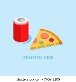 Soda Drink Can And Pizza Slice Isometric Illustration.