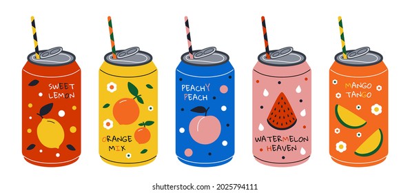 Soda Drink. Cartoon Energy Cocktail And Sweet Fizzy Juiced Drink, Summer Cool Water With Juice And Sweeteners. Vector Soda Metal Can Set