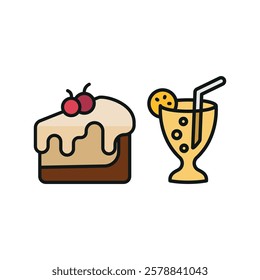 Soda drink and cheesecake food icon in a sleek and modern design, perfect for restaurant menus, food delivery apps, and dessert-themed graphics