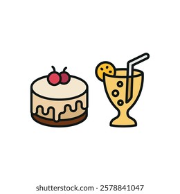 Soda drink and cheesecake food icon in a sleek and modern design, perfect for restaurant menus, food delivery apps, and dessert-themed graphics