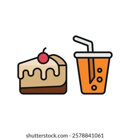 Soda drink and cheesecake food icon in a sleek and modern design, perfect for restaurant menus, food delivery apps, and dessert-themed graphics