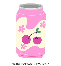 Soda drink, cherry lemonade in tin. Fizzy carbonated berry flavored beverage, cold summer cocktail in aluminum can. Refreshment in metal jar. Flat vector illustration isolated