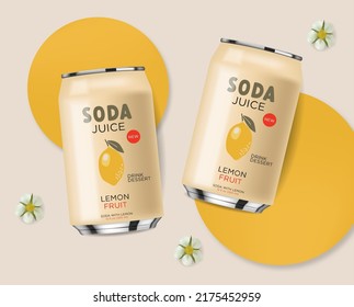 Soda drink contained in metallic can with lemon fruits, 3d realistic yellow can, summer drink, package design, vector, summer background