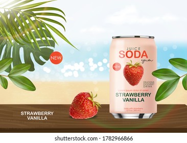 Soda drink contained in metallic cans with strawberry fruits and sea background, 3d realistic pink cans and tropical leaves, summer drink, package design, vector