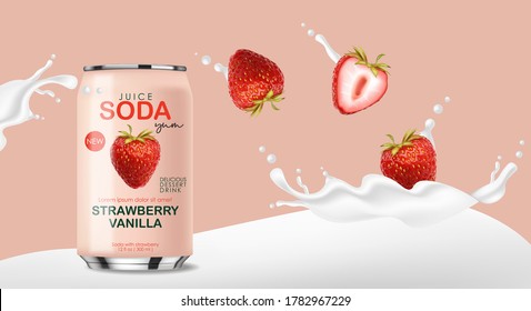 Soda drink contained in metallic cans with strawberry fruits and splash milk , 3d realistic pink cans, summer drink, package design, vector