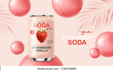 Soda drink contained in metallic cans with strawberry fruits and bubble background, 3d realistic pink cans and round 3d bubble, summer drink, package design, vector