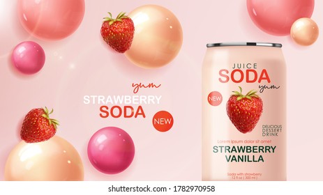 Soda drink contained in metallic cans with strawberry fruits and bubble background, 3d realistic pink cans and round 3d bubble, summer drink, package design, vector