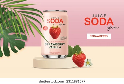 Soda drink contained in metallic cans with strawberry fruits, 3d realistic pink cans, summer drink, package design, vector