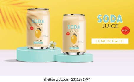 Soda drink contained in metallic cans with lemon fruits, 3d realistic pink cans, summer drink, package design, vector