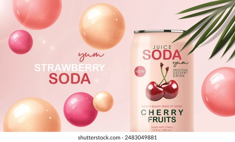 Soda drink contained in metallic cans with cherry fruits and tropical background, 3d realistic pink cans, summer drink, package design