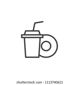 Soda drink cup and doughnut outline icon. linear style sign for mobile concept and web design. Fast food simple line vector icon. Symbol, logo illustration. Pixel perfect vector graphics