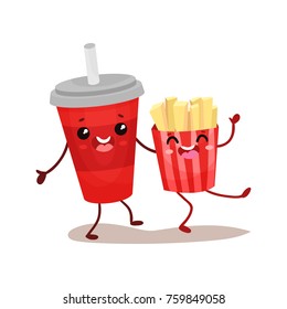 Soda drink and french potato characters are best friends, funny fast food menu vector Illustration