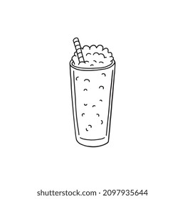 Soda drink in glass with straw in hand drawn doodle style, vector illustration isolated on white background. Milkshake with foam or bubbles with black outline, great for menu design.