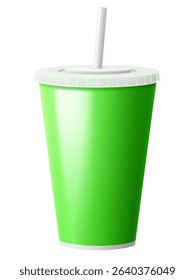 Soda drink green paper cup with drinking straw, light green package mockup, realistic 3d vector illustration. Plastic Cup with closed lid for Soda, juice or iced tea, fast food soft drinks