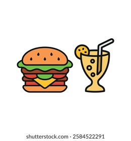 Soda drink and hamburger food icon with a sleek and modern flat design featuring clean lines