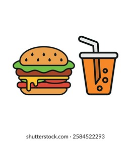 Soda drink and hamburger food icon with a sleek and modern flat design featuring clean lines