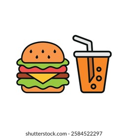 Soda drink and hamburger food icon with a sleek and modern flat design featuring clean lines