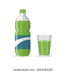 Soda drink icon in flat style. Plastic bottle and drinking glass vector illustration on isolated background. Water beverage sign business concept.