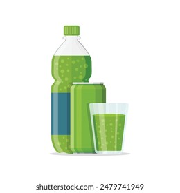 Soda drink icon in flat style. Plastic bottle, can and drinking glass vector illustration on isolated background. Water beverage sign business concept.