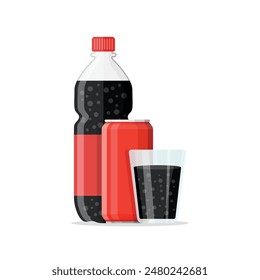 Soda drink icon in flat style. Plastic bottle, can and drinking glass vector illustration on isolated background. Water beverage sign business concept.