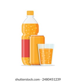 Soda drink icon in flat style. Plastic bottle, can and drinking glass vector illustration on isolated background. Water beverage sign business concept.