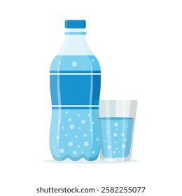 Soda drink icon in flat style. Plastic bottle and drinking glass vector illustration on isolated background. Water beverage sign business concept.