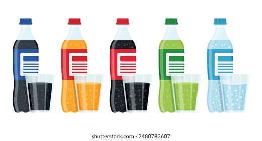 Soda drink icons set in flat style. Plastic bottle and glass vector illustration on isolated background. Water beverage sign business concept.