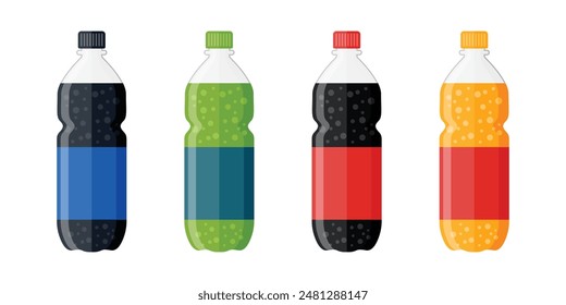 Iconos de bebidas gaseosas ambientados en estilo plano. Ilustración vectorial de botella de plástico sobre fondo aislado. Concepto de negocio de signo de bebida de agua.