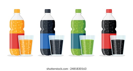 Soda drink icons set in flat style. Plastic bottle and glass vector illustration on isolated background. Water beverage sign business concept.