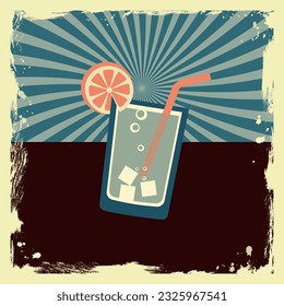 Soda drink with organe in flat retro style. Cold drinks promotional vintage poster. Vector nostalgia