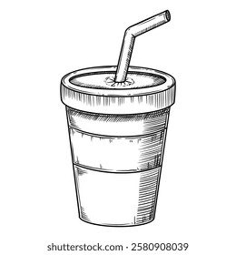 Soda drink in the paper cup with straw. Food illustration in the graphic line art style. Hand drawn vector outline element of beverage. Perfect for fast food menu creating and drawing designs.