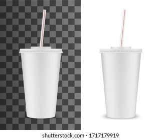 soda drink plastic cup and striped drinking straw  vector realistic 3d white disposable package mockup  Soda  juice ice tea fastfood soft drinks   beverage plastic cup and closed lid