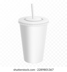 Soda drink plastic or paper cup with drinking straw, vector realistic 3d white disposable package mockup. Soda, juice or ice tea, fastfood soft drinks and beverage plastic cup with closed lid