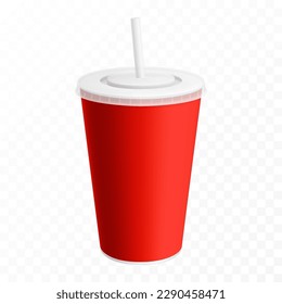 Soda drink plastic or paper cup with drinking straw, vector realistic 3d white disposable package mockup. Soda, juice or ice tea, fastfood soft drinks and beverage plastic cup with closed lid