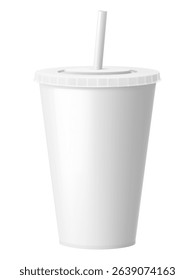 Soda drink plastic or paper cup with drinking straw, white package mockup, realistic 3d vector illustration. Cup with closed lid for Soda, juice or ice tea, fastfood soft drinks