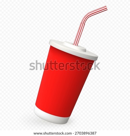 Soda drink plastic or paper red cup with drinking straw. Vector realistic 3d disposable beverage package mockup. Soda, juice or ice tea, fast food soft drinks cup with closed lid